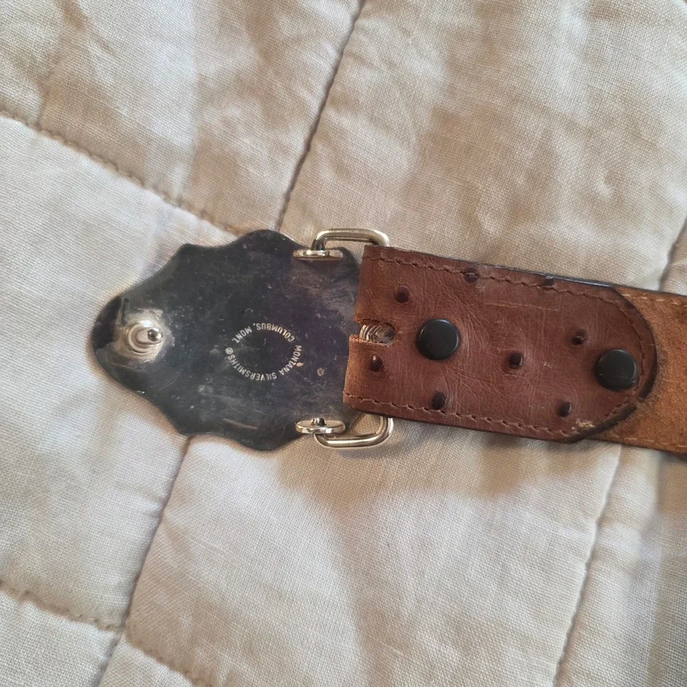 Tony Lama Ostrich Leather Belt Mens 32 Brown Montana Silversmiths Buckle USA vtg